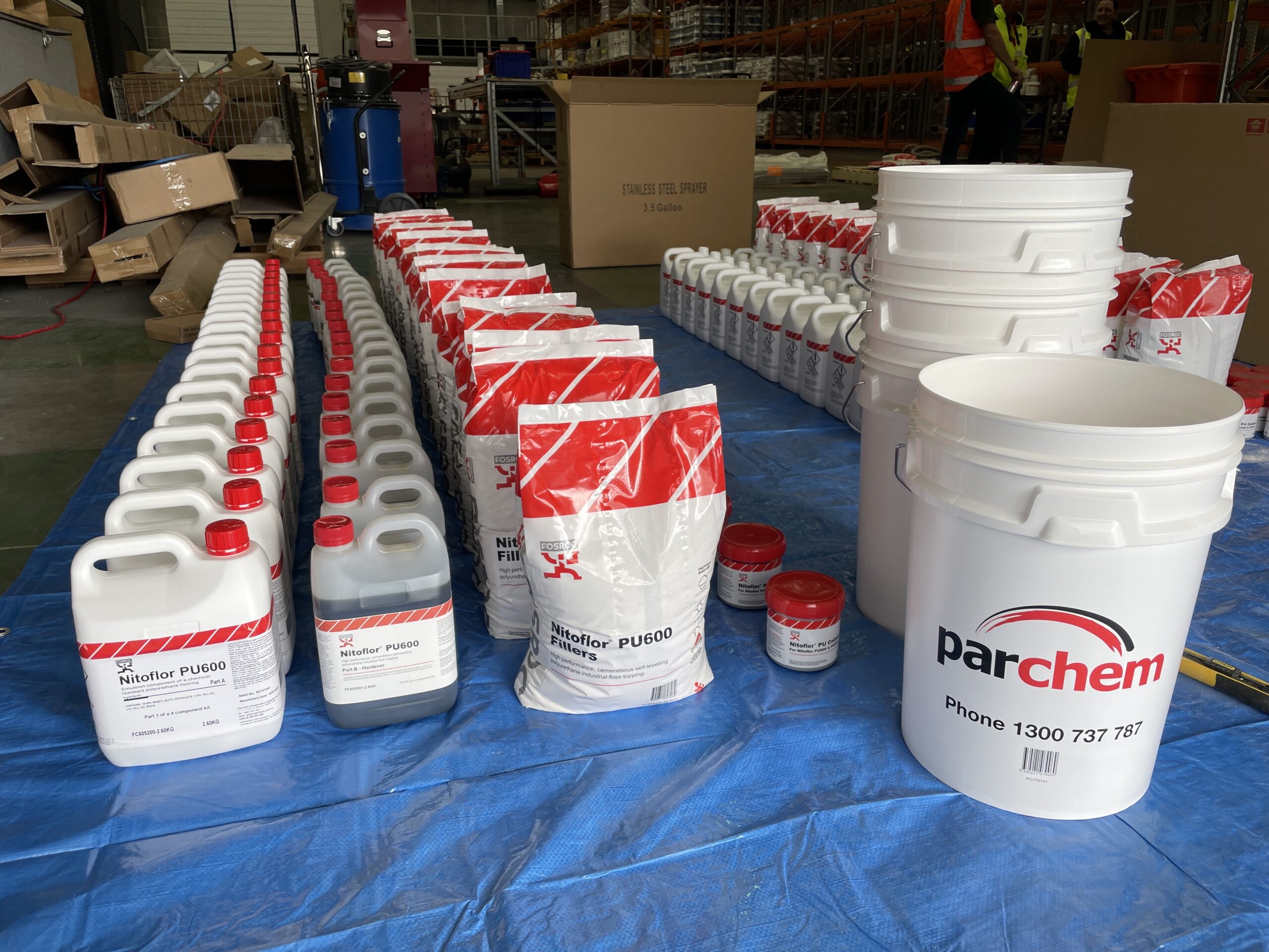 Nitoflor PU cement products staged on site — FOSROC Flextool Tech Hub