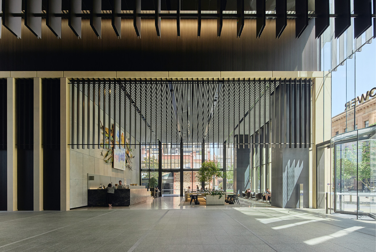 Festival Tower lobby floor finish — large-format polished stone flooring