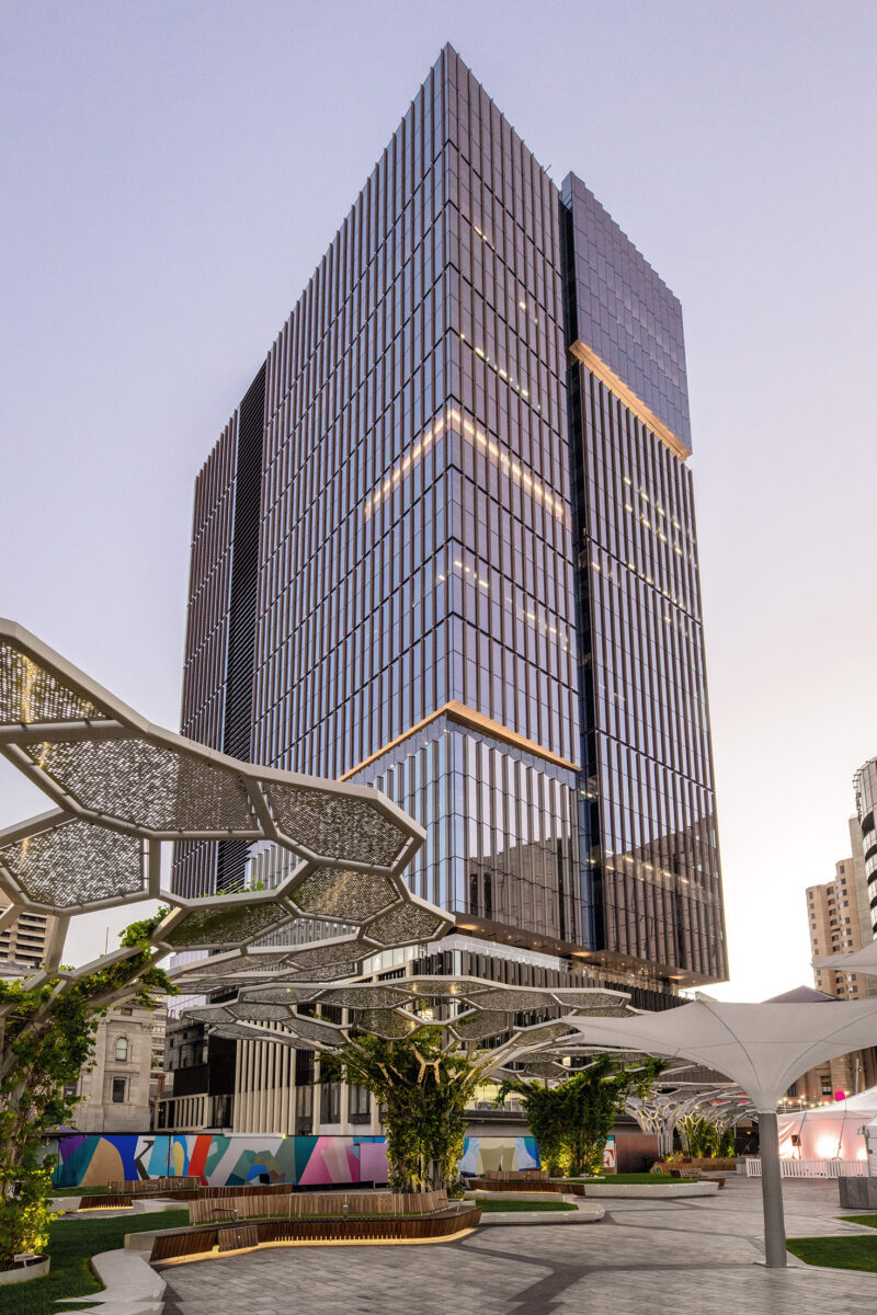 Festival Tower Adelaide at dusk — landmark CBD commercial tower
